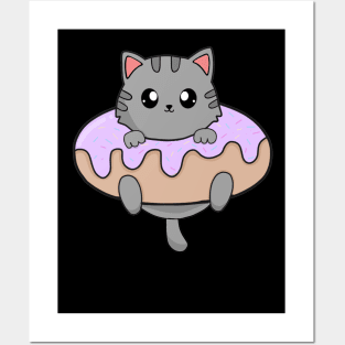 Kawaii Gray Cat inside Donut Posters and Art